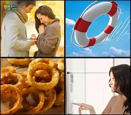 4 Pics 1 Word Level 4 puzzle featuring a marriage proposal, a red and white lifebuoy, fried onion rings, and a woman by a heater.