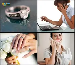 4 Pics 1 Word Level 4 answer images showing a silver diamond ring, two people on phone calls, and a wedding couple's hands.