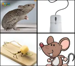 4 Pics 1 Word Level 1 puzzle showing a real mouse, a white computer mouse, a mousetrap with cheese, and a cartoon mouse illustration.