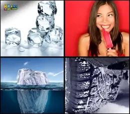 4 Pics 1 Word Level 2 puzzle images showing ice cubes, a woman eating a popsicle, a massive iceberg, and a car tire in the snow.