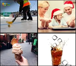 4 Pics 1 Word Level 2 gameplay images featuring a child ice skating, a family in Santa hats, a large ice cream cone, and a cold soda with ice splashing.