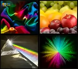 4 Pics 1 Word Level 41 gameplay with colorful silk, assorted fruits, light through a prism, and a rainbow burst.