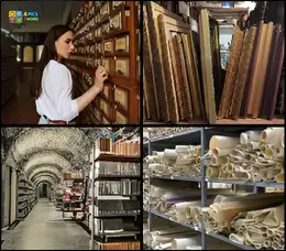 4 Pics 1 Word Level 41 gameplay showing a woman using a card catalog, picture frames, and underground archives.