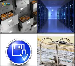 4 Pics 1 Word Level 41 puzzle with filing cabinets, server room, blue save icon, and a full ring binder.