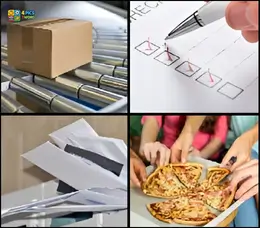 4 Pics 1 Word Level 3 gameplay with cardboard boxes, a shipping warehouse, a pizza box, and a parcel on a conveyor belt.