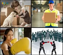 4 Pics 1 Word Level 3 puzzle featuring a boxer in a ring, a boxing glove, a close-up of a match, and sports equipment.