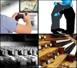4 Pics 1 Word Level 41 puzzle showing a game controller, people hugging, a sound mixer, and a pipe organ.