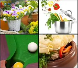 4 Pics 1 Word Level 68 gameplay with pansies in a pot, vegetables in a pot, pool balls, and a ceramic cooking dish.