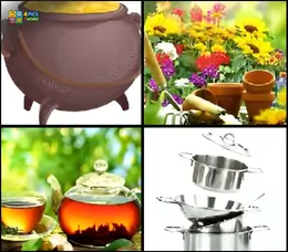 4 Pics 1 Word Level 68 answer with a purple cauldron, garden flower pots, a glass teapot, and stacked metal pans.