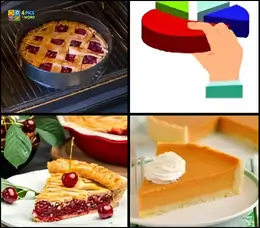 4 Pics 1 Word Level 68 answer featuring a lattice-top pie in an oven, a 3D pie chart, a cherry tart, and pumpkin pie.