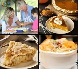 4 Pics 1 Word Level 68 gameplay with a family baking together, a slice of pumpkin pie, and a savory chicken pot pie.