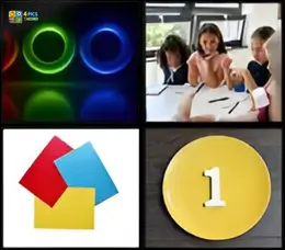 Level 54 puzzle clues: Glowing neon rings, students at desks, red/blue/yellow cards, and a yellow plate with number 1.