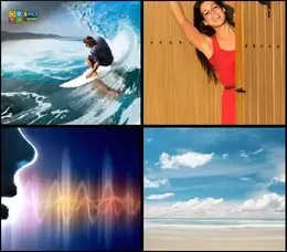 4 pics 1 word level 5 gameplay showing a surfer on a white surfboard, a woman waving from behind a fence, and a digital sound frequency display.