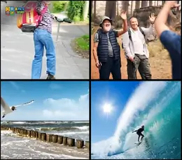 4 pics 1 word level 5 puzzle featuring people waving in a forest, a seagull over a choppy sea, and a surfer on a massive ocean swell.