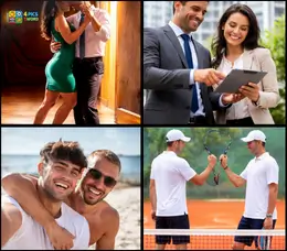 4 Pics 1 Word Level 64 gameplay with ballroom dancing, office colleagues, friends at the beach, and tennis partners.