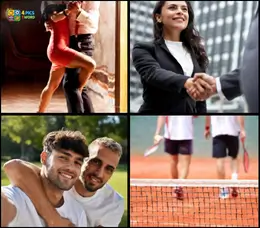 4 Pics 1 Word Level 64 puzzle featuring tango dancers, a business handshake, two male friends, and tennis players.