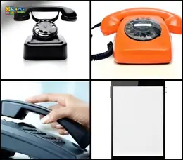 4 Pics 1 Word Level 66 answer featuring a black rotary phone, orange retro phone, hand dialing, and a smartphone.