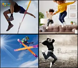 4 Pics 1 Word Level 68 answer featuring a pole vaulter, people jumping on a sofa, a skier mid-air, and a street dancer.