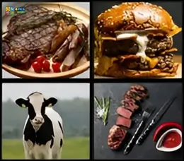 4 Pics 1 Word Level 70 gameplay with a gourmet steak, a double cheeseburger, a cow in a field, and sliced meat.