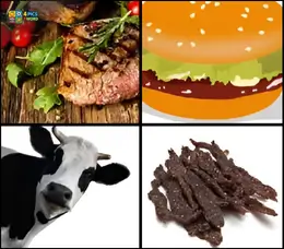 4 Pics 1 Word Level 70 answer showing a grilled steak, a cartoon burger, a cow's face, and beef jerky strips.