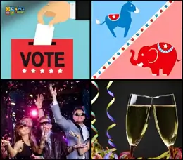 4 Pics 1 Word Level 74 gameplay with a vote ballot, donkey and elephant icons, a party, and champagne toasts.