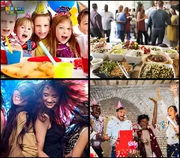 4 Pics 1 Word Level 74 puzzle with kids at a birthday, a buffet table, people dancing, and an office party.