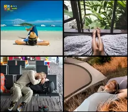 4 Pics 1 Word Level 74 gameplay with a person on a beach, feet up at a window, sleeping at an airport, and camping.