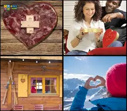 4 Pics 1 Word Level 77 gameplay with a heart-shaped stone or cake, a couple with a gift, a wooden cabin with heart shutters, and hands forming a heart shape.