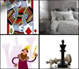 4 Pics 1 Word Level 86 gameplay with a King of Diamonds card, a king-sized bed, a cartoon king in front of a castle, and a black chess king.