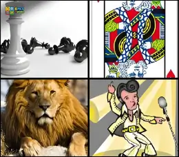 4 Pics 1 Word Level 86 puzzle featuring a white chess king, the King of Hearts playing card, a majestic lion, and an Elvis Presley caricature.