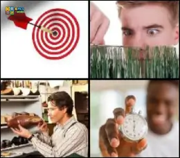 4 Pics 1 Word Level 41 puzzle featuring a dart hitting a bullseye, trimming grass with scissors, and a stopwatch.