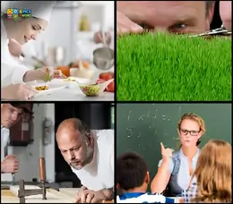4 Pics 1 Word Level 41 gameplay with a chef plating food, a man trimming grass, and a teacher at a chalkboard.