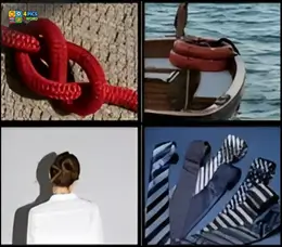 4 Pics 1 Word Level 41 puzzle showing a thick red knot, a life ring on a boat, a woman's hair bun, and various ties.