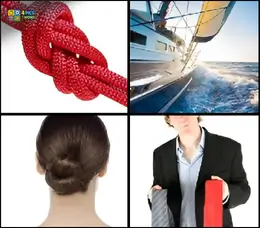 4 Pics 1 Word Level 41 puzzle featuring a red rope knot, a sailing boat, a hair bun, and a man holding neckties.