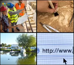 Level 108 clues: Engineers with blueprints, an archaeological dig, a lakeside park, and a website URL bar.