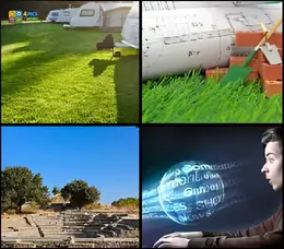 4 Pics 1 Word level 108: A campsite, construction blueprints with bricks, ancient ruins, and a digital globe.
